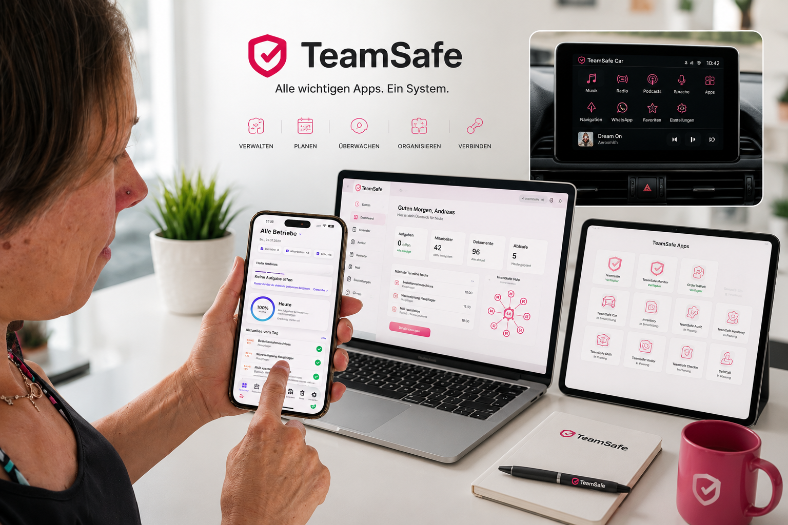 TeamSafe auf Smartphone, Computer, Tablet und Fahrzeugdisplay